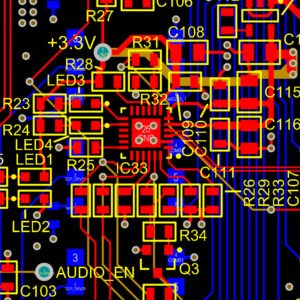 Screenshot of a Printed Circuit Board design showing an integrated circuit surrounded by passive components